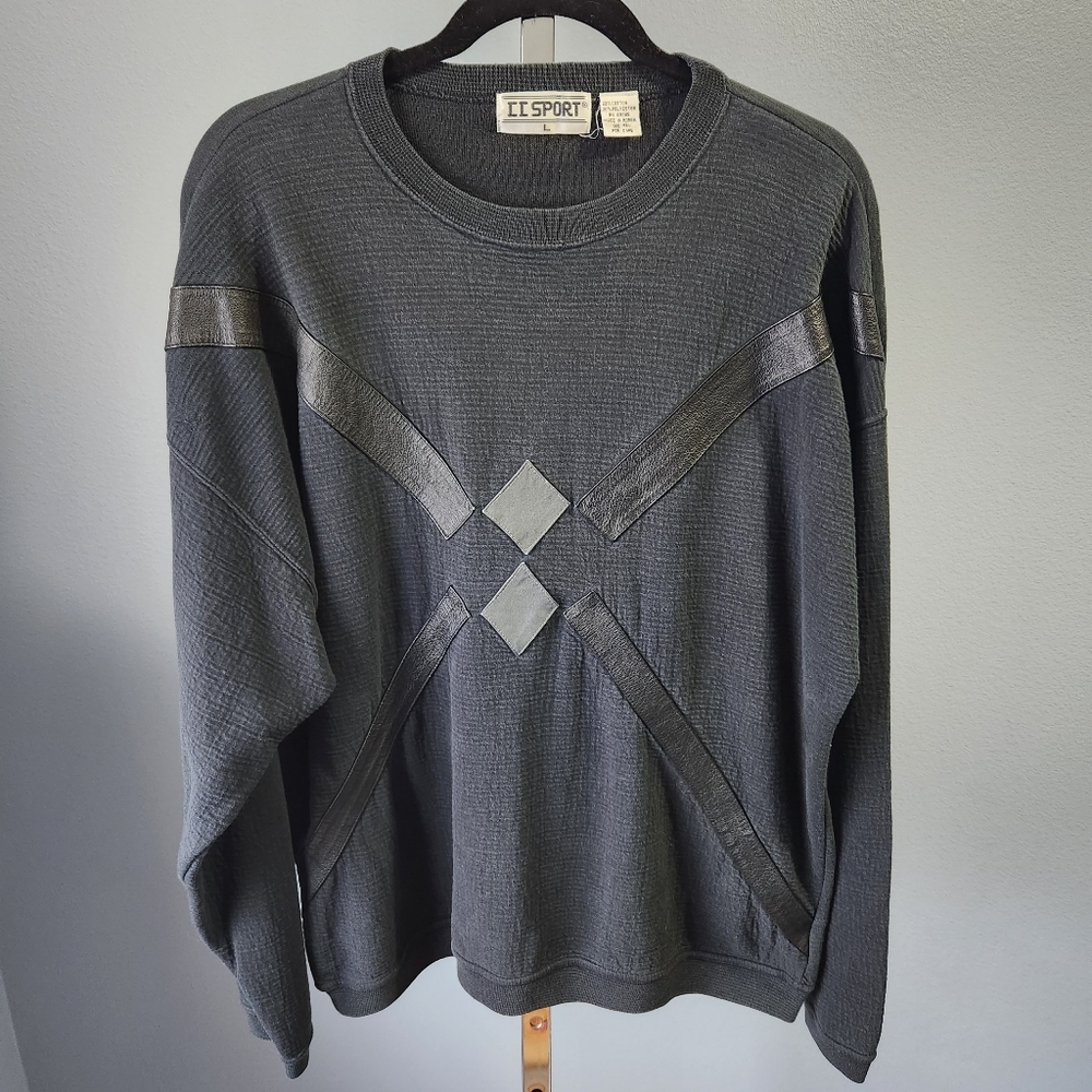 Vintage 90s Black Leather Applique Crew Neck Knit Sweatshirt Sweater Men's Large